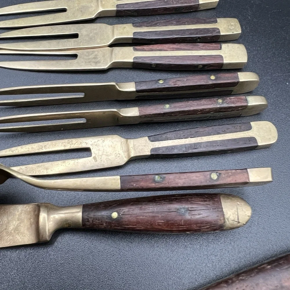 VTG Brass & Wood Demitasse Forks Knives & Spoon -‎ Lot of 10 - Thailand - Unique